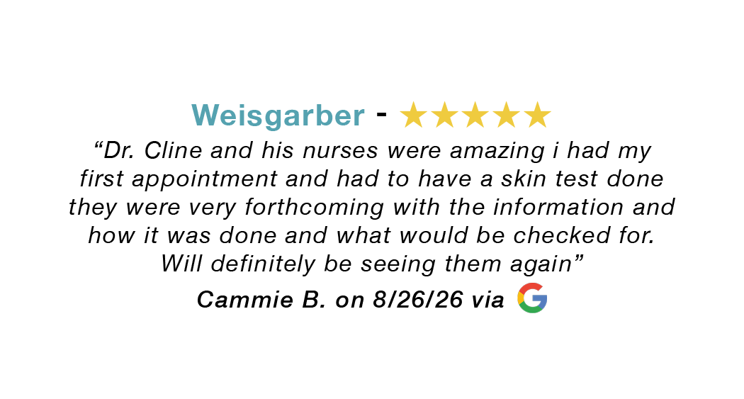 Weisgarber 5 star google review: Dr. Cline and his nurses were amazing. Very forthcoming with information and how things are done. Will definitely see them again.