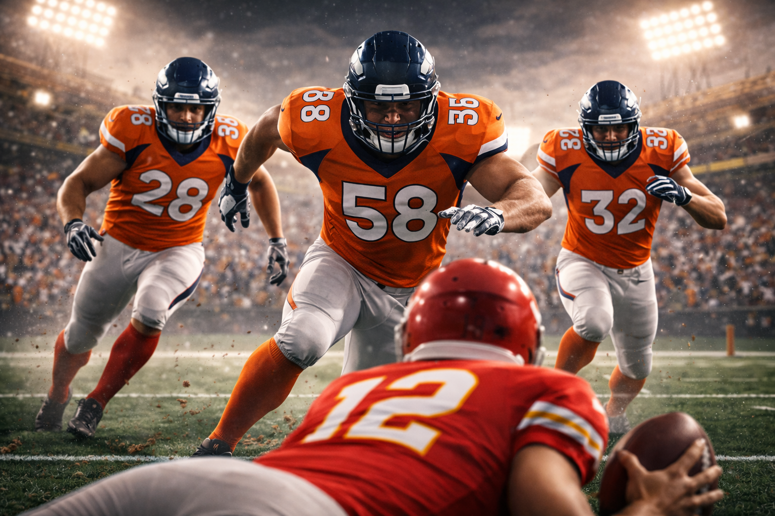 Football players in action, offense and defense. Orange and white uniforms, stadium setting.