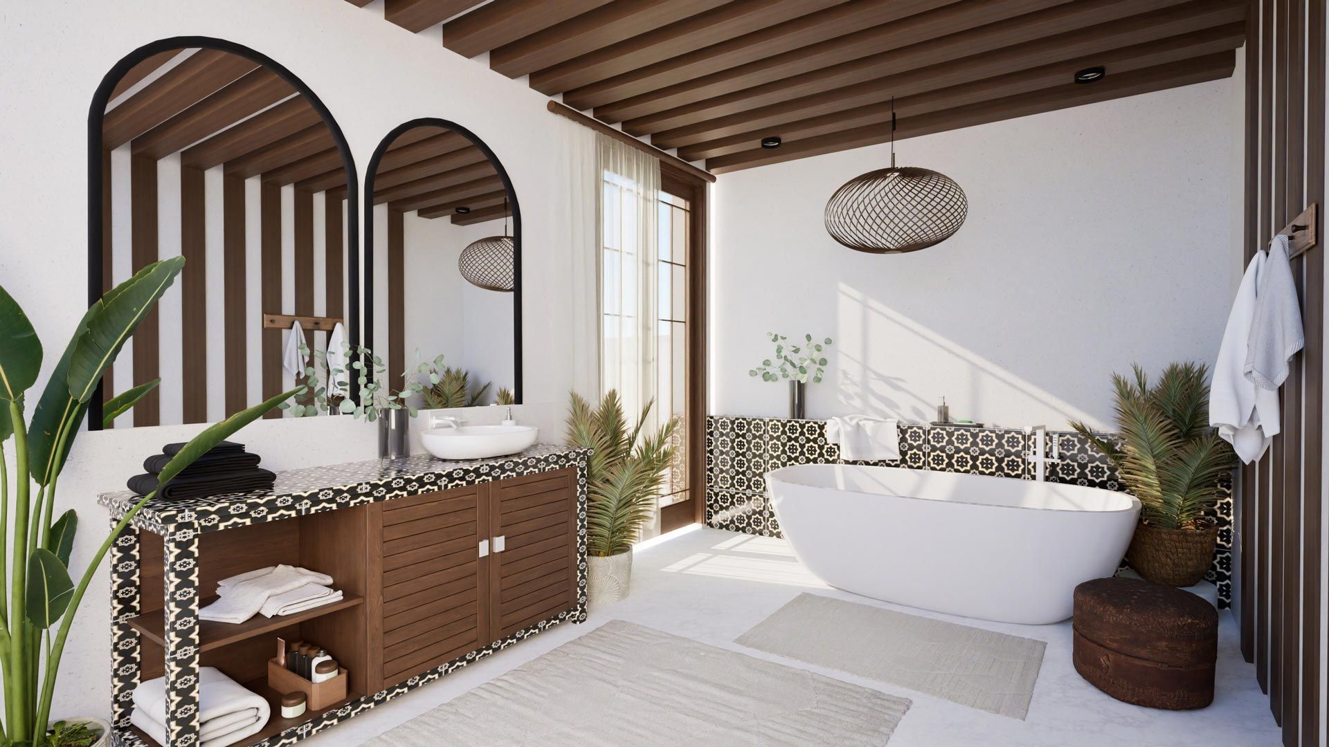 A modern boho bathroom interior with a freestanding tub, wooden beams, patterned tiles, and plants