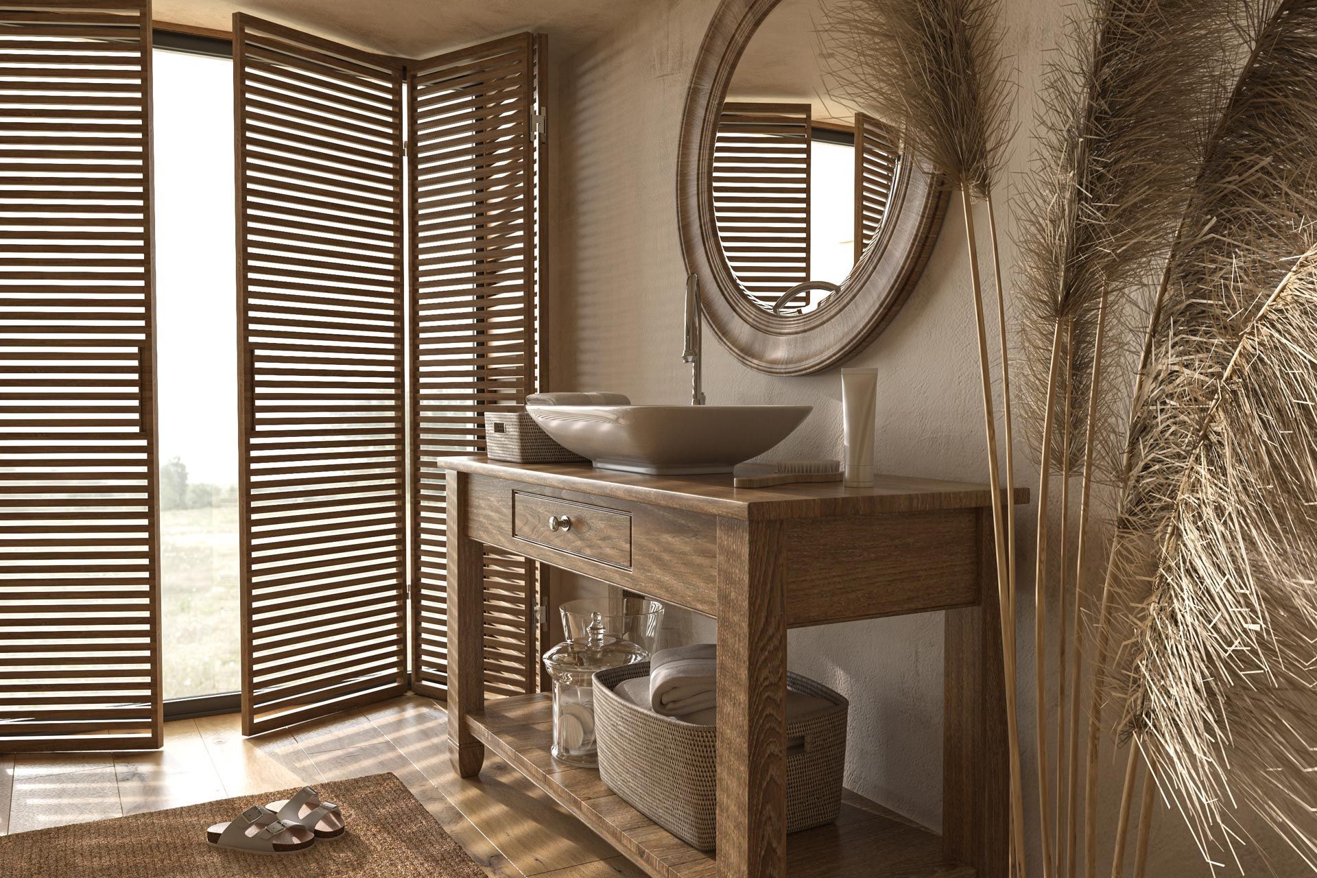 A beige bathroom with natural wooden furniture, showcasing a custom bathroom renovation