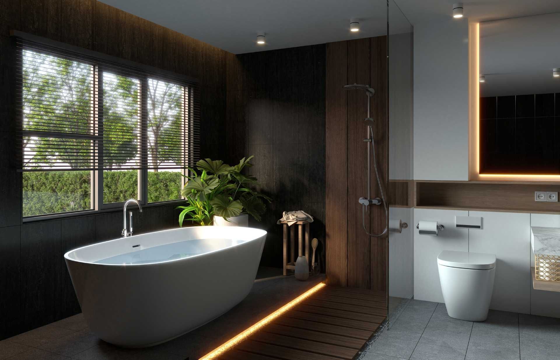 A modern bathroom with a freestanding tub, natural light, wooden accents, and stylish fixtures