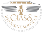 S1 Class Limousine Services logo with white limousine graphic and gold text on a gray background