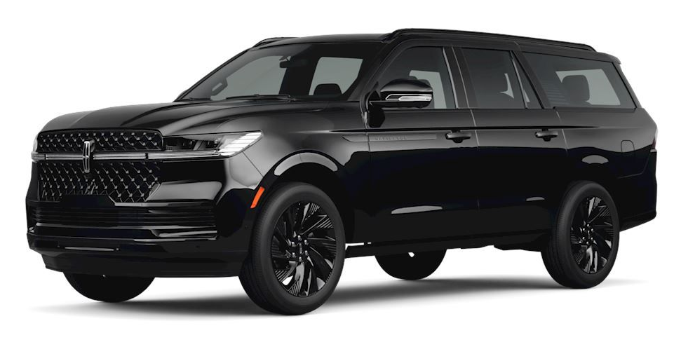 Black SUV with tinted windows and roof rack on a white background