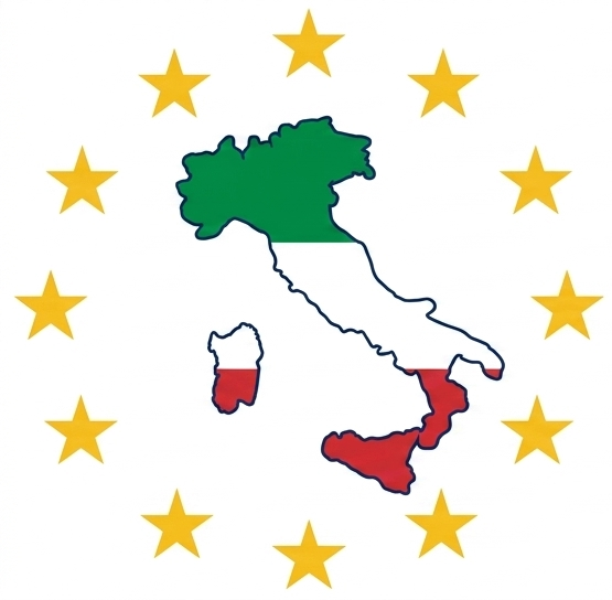 Contorno dell'Italia in verde, bianco e rosso, circondato da stelle gialle su sfondo bianco.