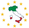 Contorno dell'Italia in verde, bianco e rosso, circondato da stelle gialle su sfondo bianco.