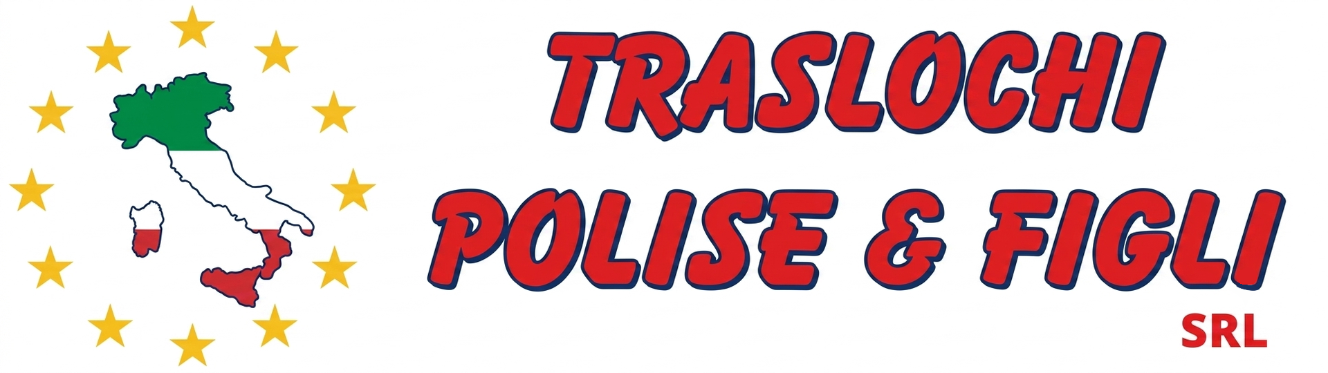 Logo per Traslochi Polise & Figli SRL con mappa dell'Italia, stelle e testo rosso su sfondo bianco.