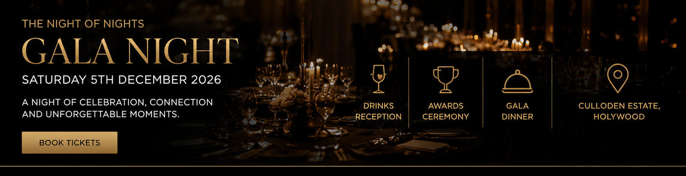 Gala Night event banner in black and gold with city skyline, trophies, and RSVP button