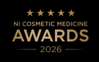 Gold “NI Cosmetic Medicine Awards 2026” text with five stars on a black background