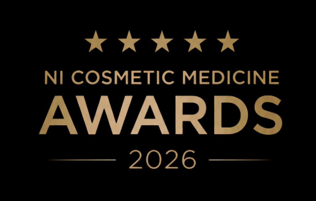 Gold “NI Cosmetic Medicine Awards 2026” text with five stars on a black background