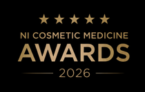 Gold “NI Cosmetic Medicine Awards 2026” text with five stars on a black background