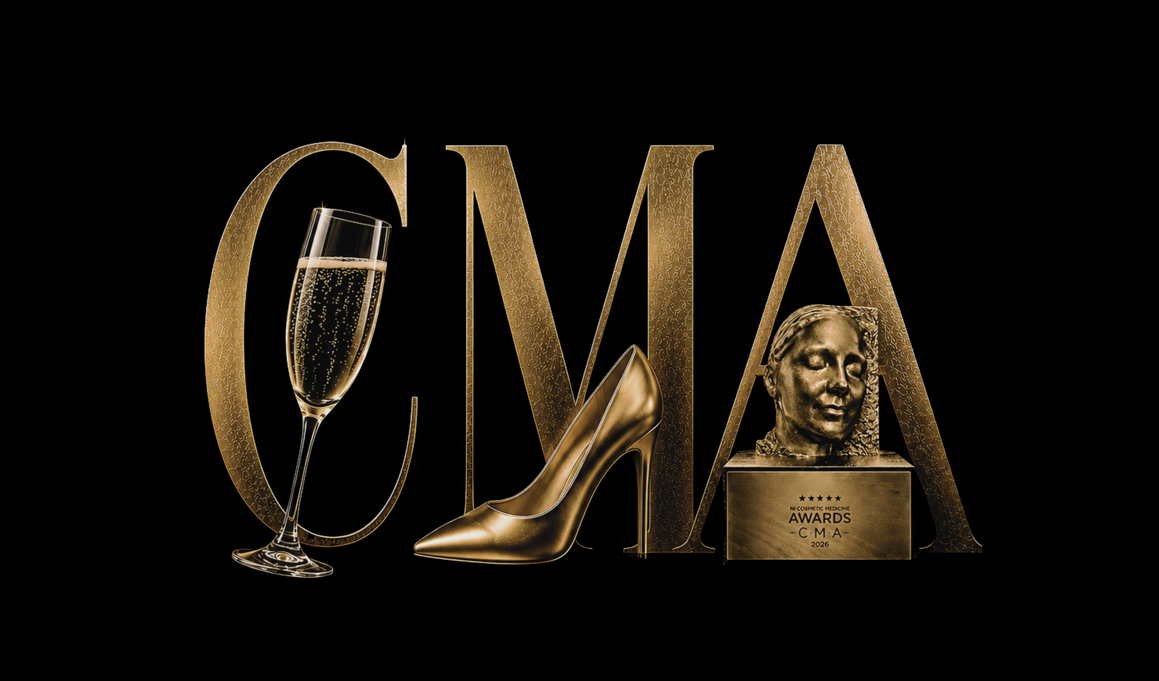 Gold “CMA” letters with a gold trophy bust on a black background