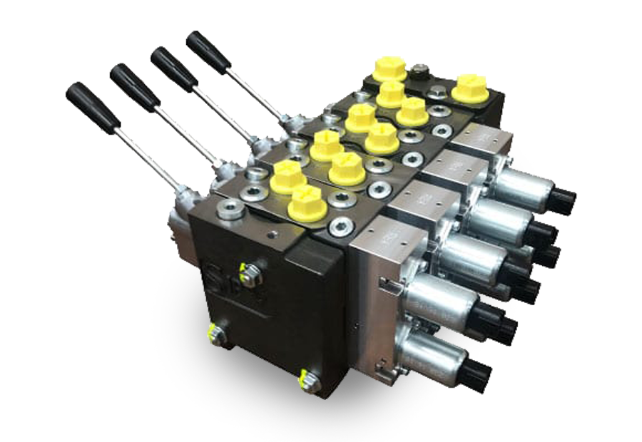 Hydraulic control valve with four levers, silver and black, yellow caps.