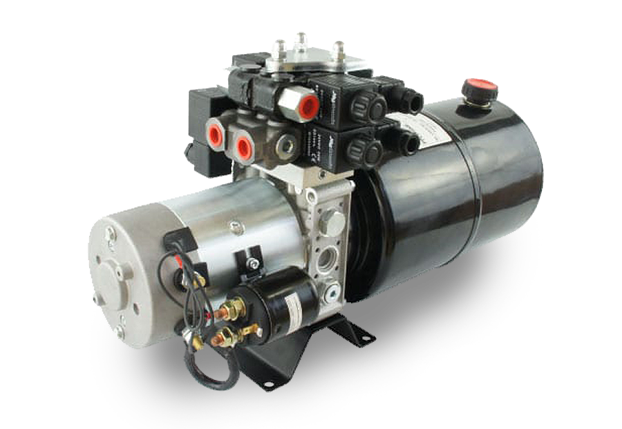 Hydraulic power unit, with black and silver components, including a pump and valve assembly.