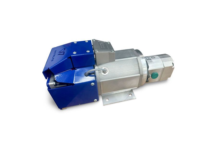 Blue and silver robotic with hydraulic components.