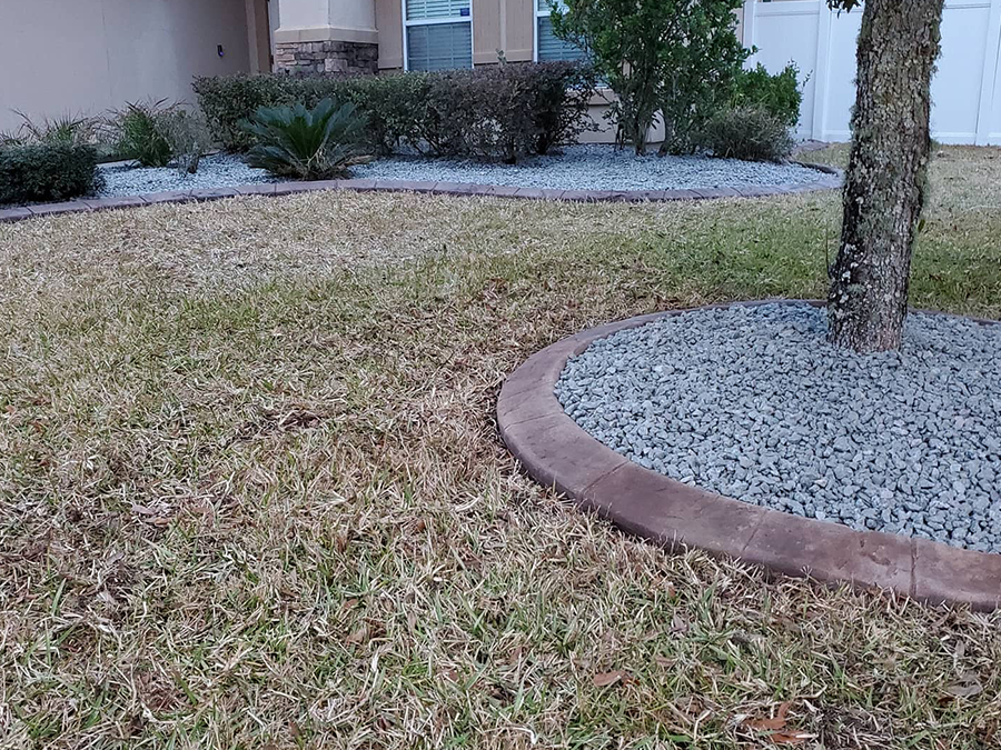 A lawn with a tree in the middle of it and gravel around it.