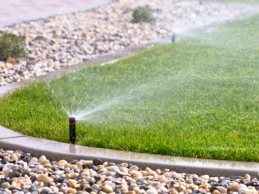 A lawn sprinkler is spraying water on a lush green lawn.