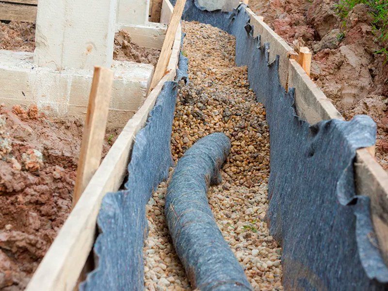 A pipe is being installed in a trench filled with gravel.