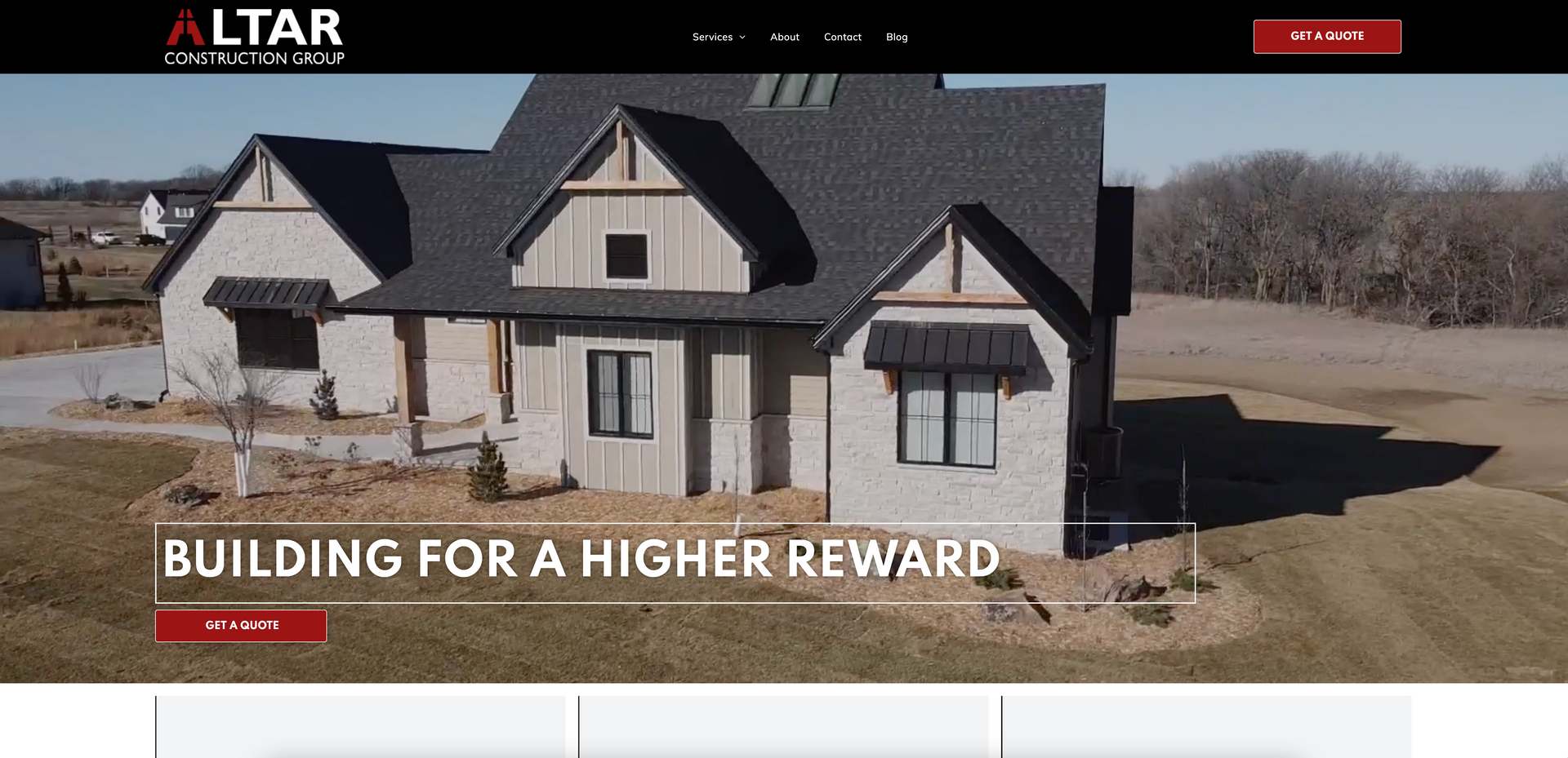 Website homepage featuring a house with stone facade. Text: