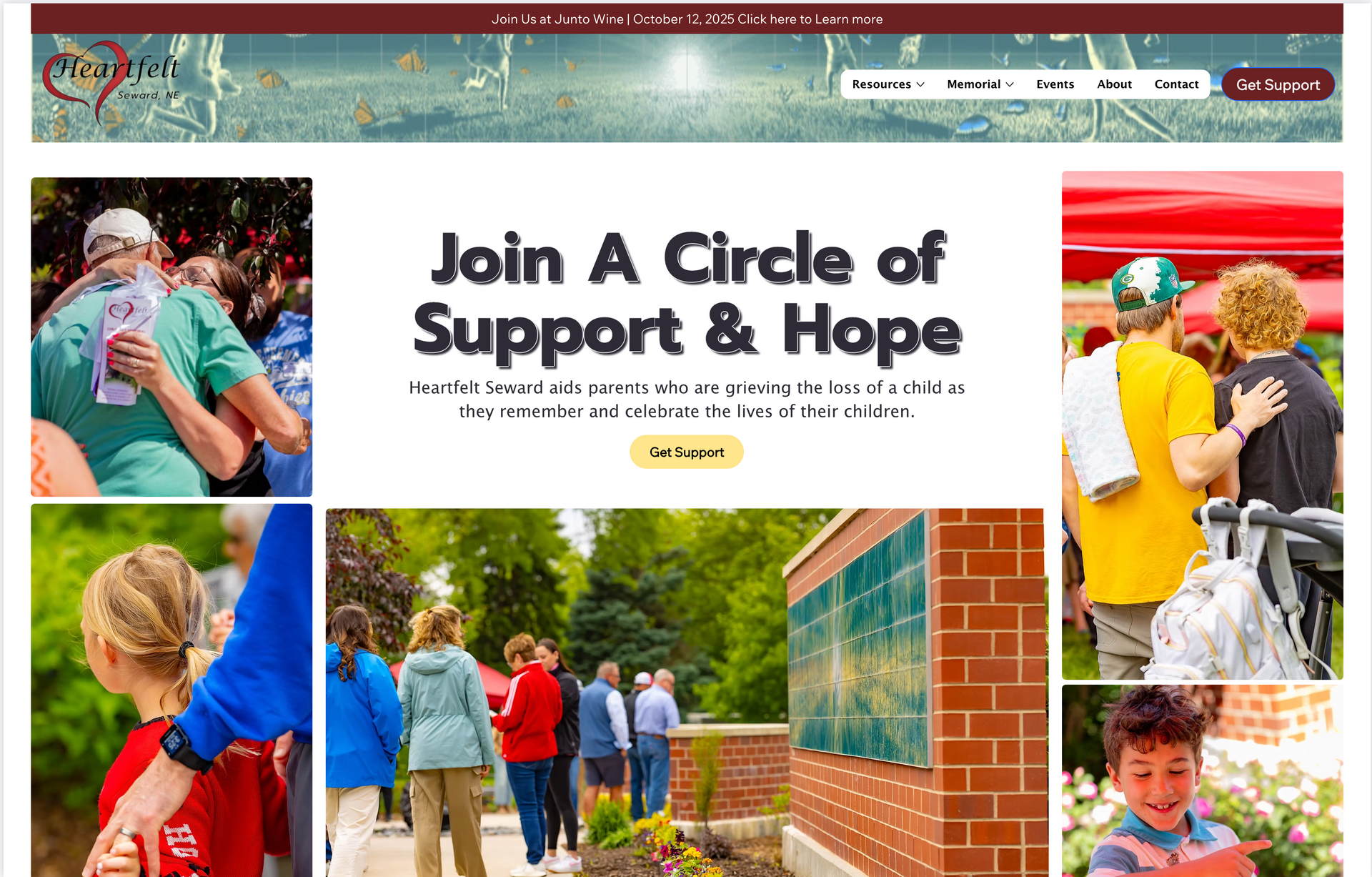 Website homepage with supportive community photos.