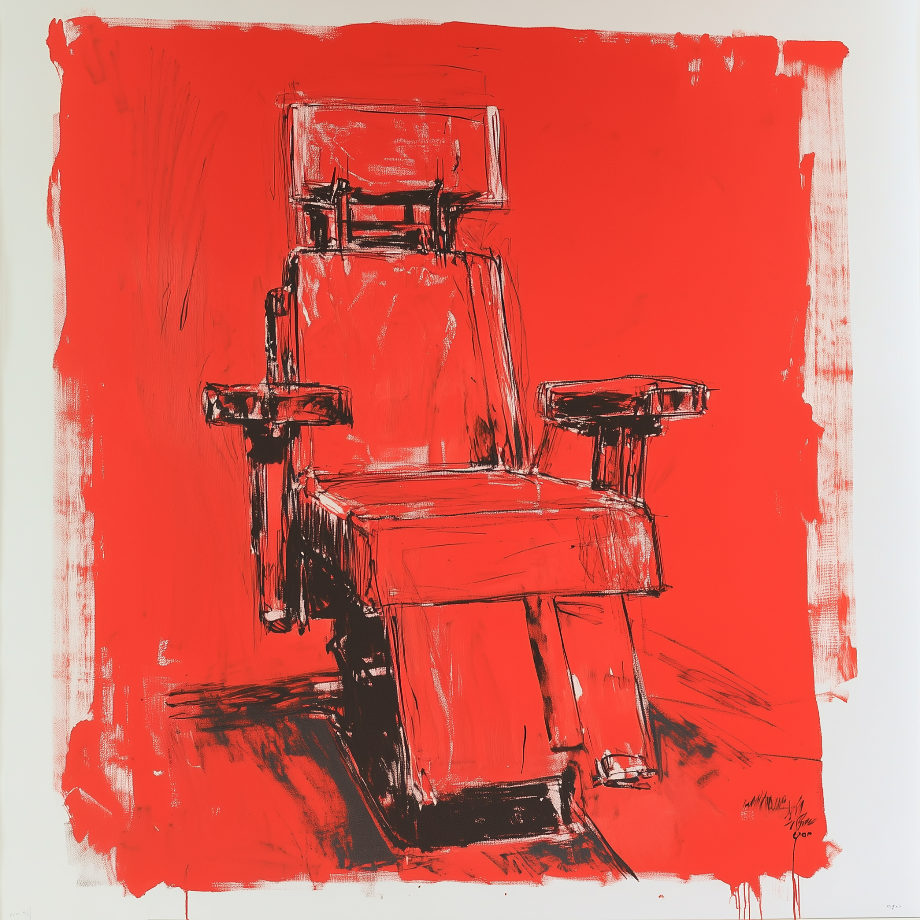 Red sketch of an empty chair on a bright red background with rough black outlines