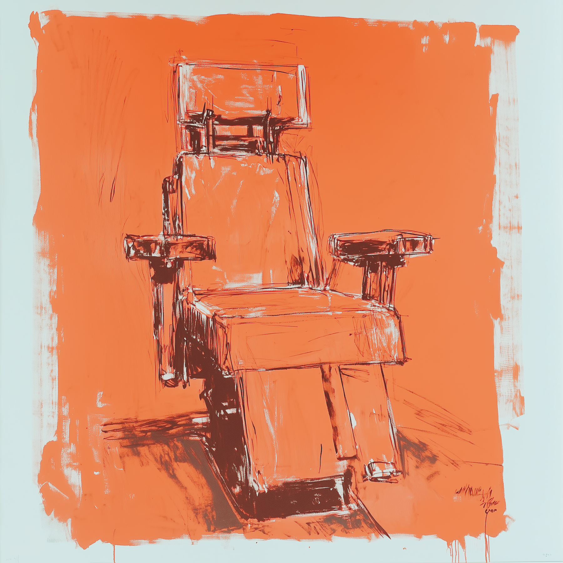 Loose sketch of a reclining chair on an orange background, outlined in dark brown.