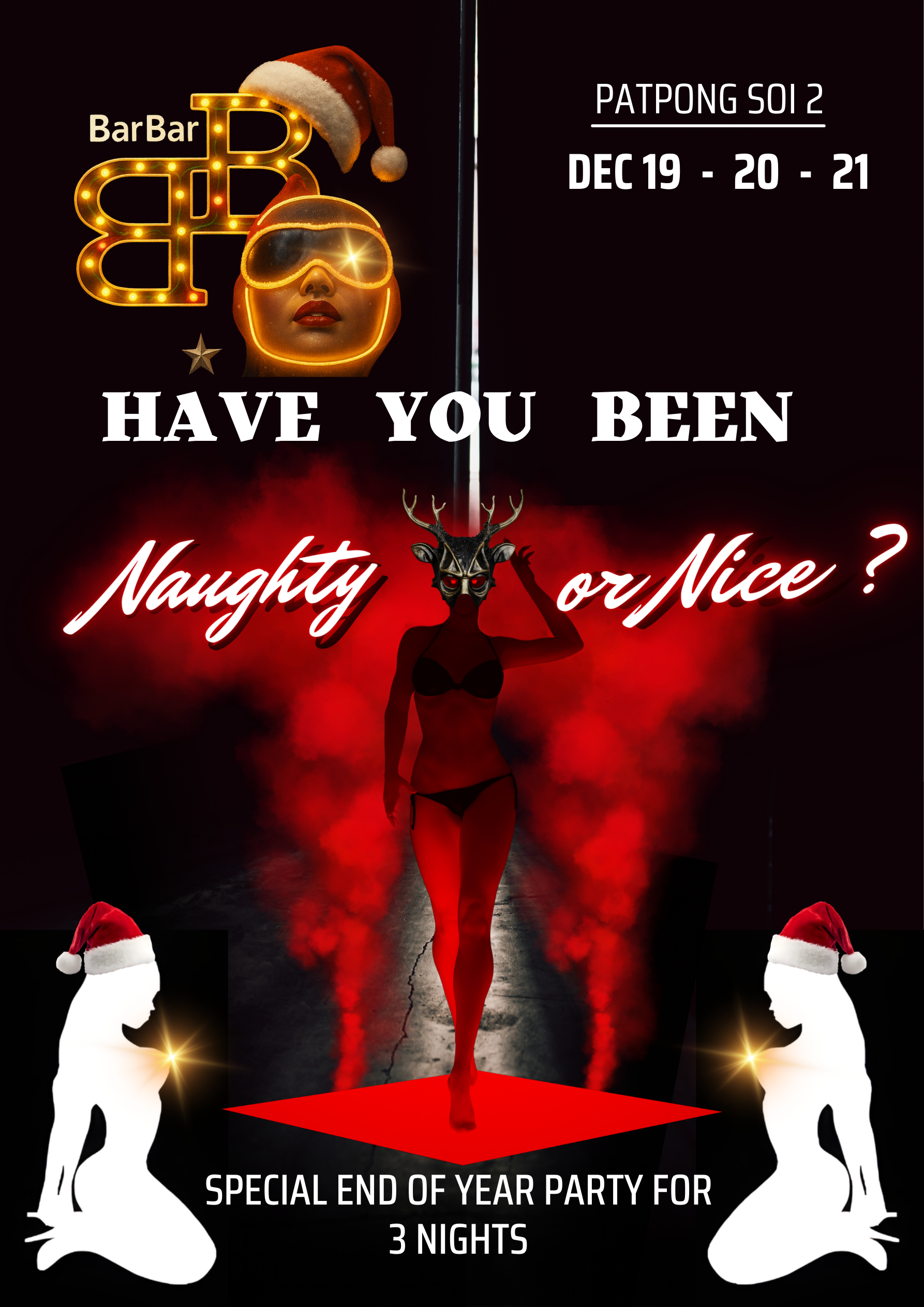 Holiday party flyer with red glow, Santa hats, and text: “Have you been naughty or nice?”