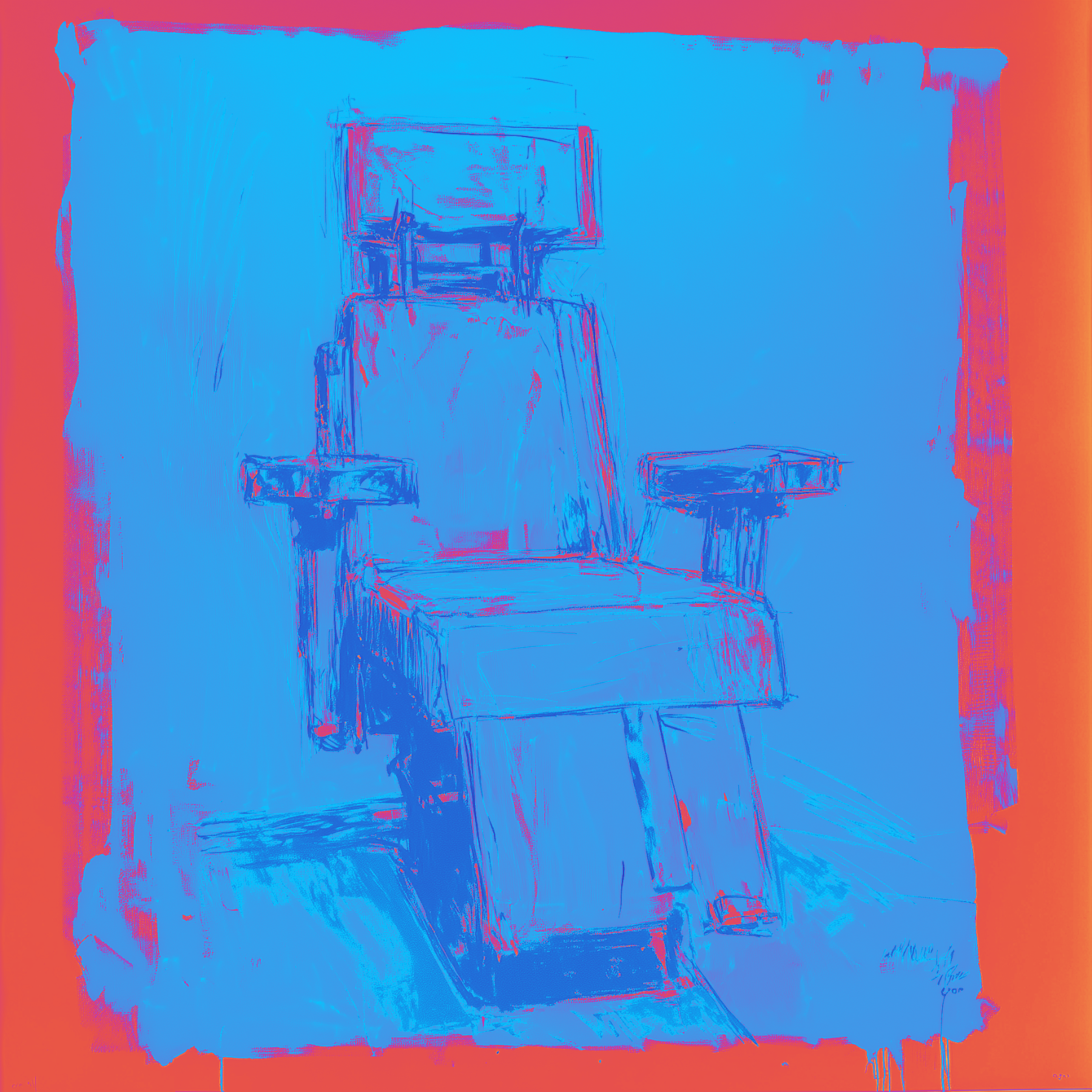 Abstract neon blue and pink sketch of a high-backed office chair on a red-framed background