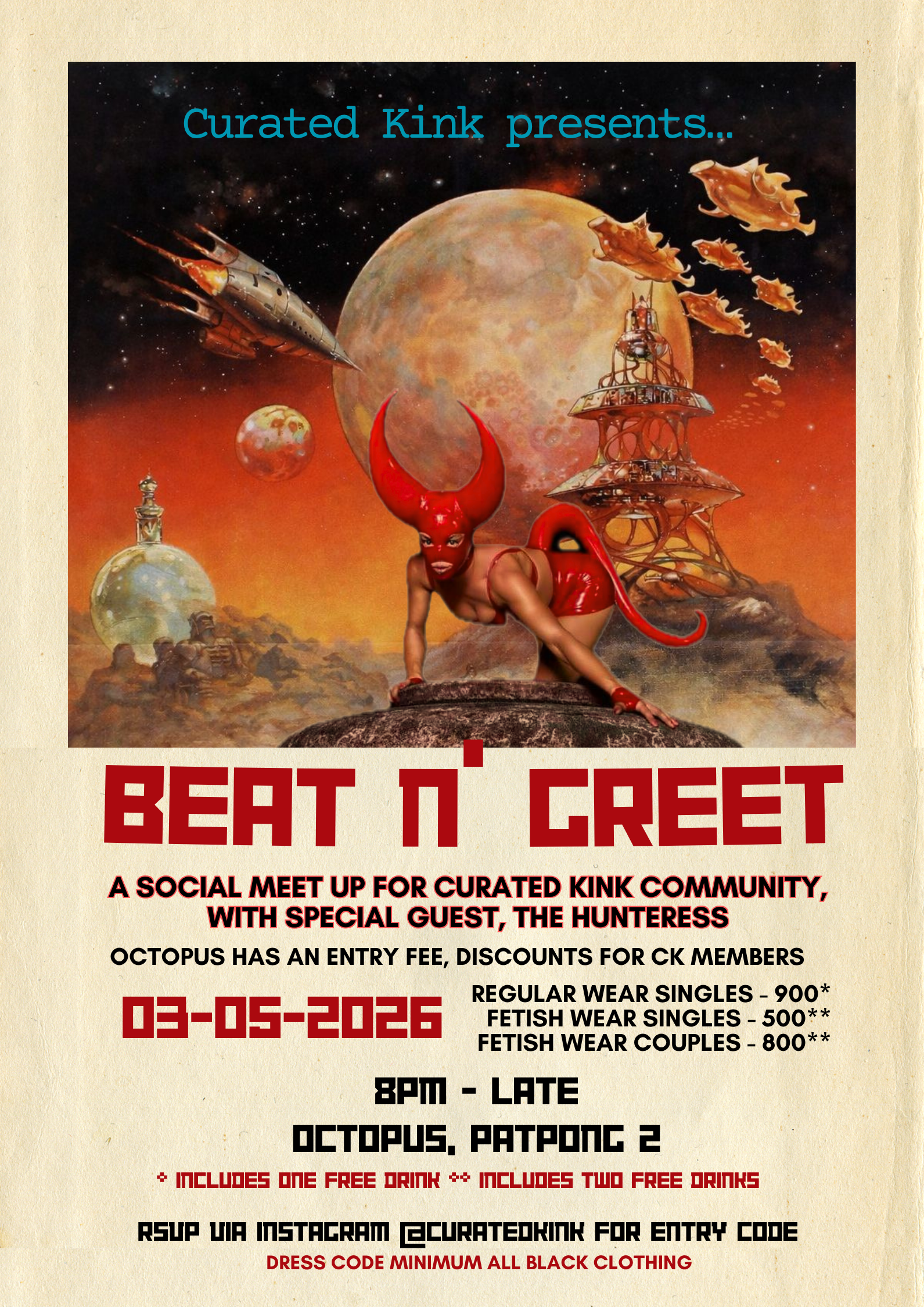 Event poster “Beat to Feet” with red/orange surreal artwork and date 03-05-2026.