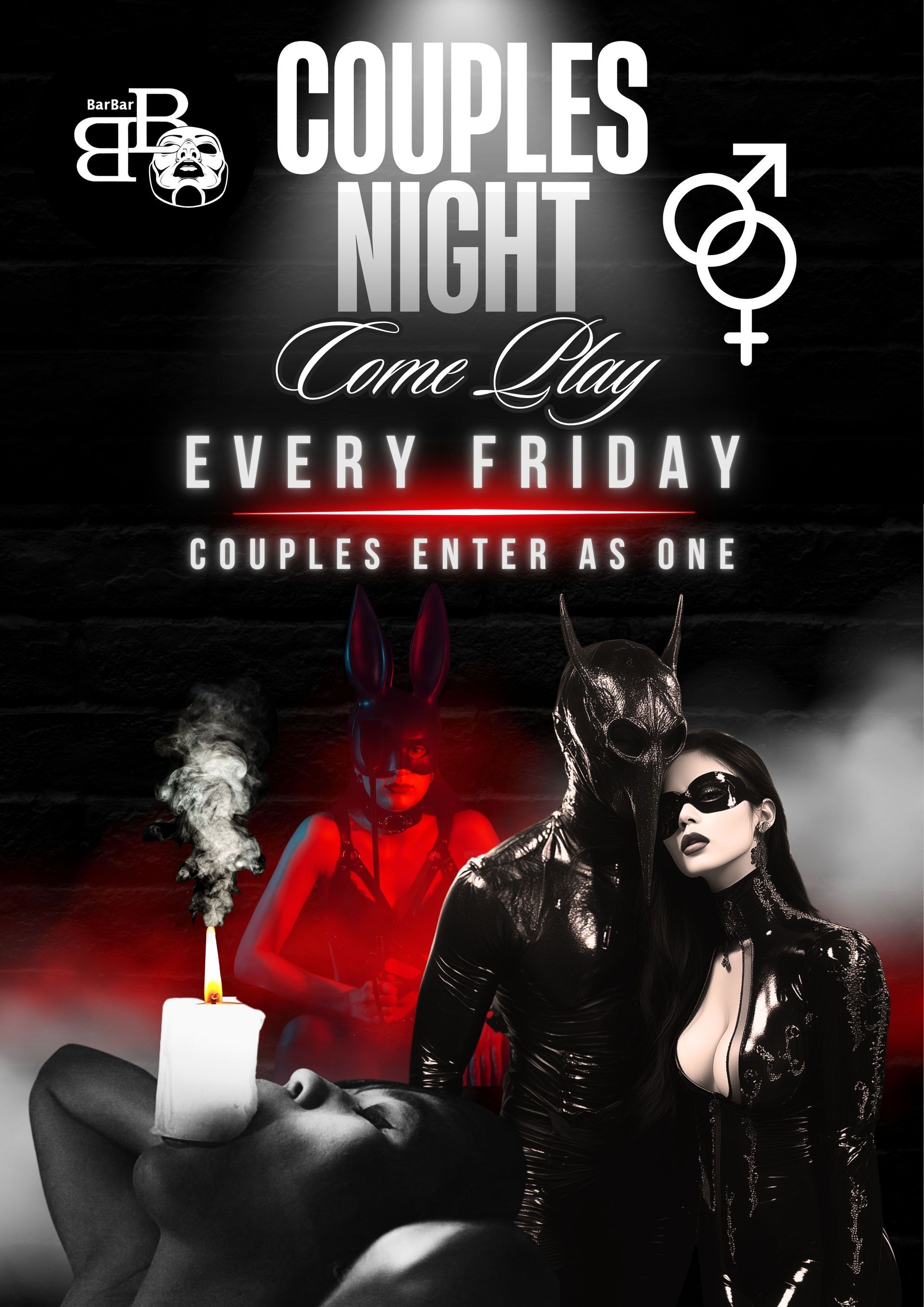 Couples Night poster with red-and-black club imagery, candles, and “Come Play Every Friday” text
