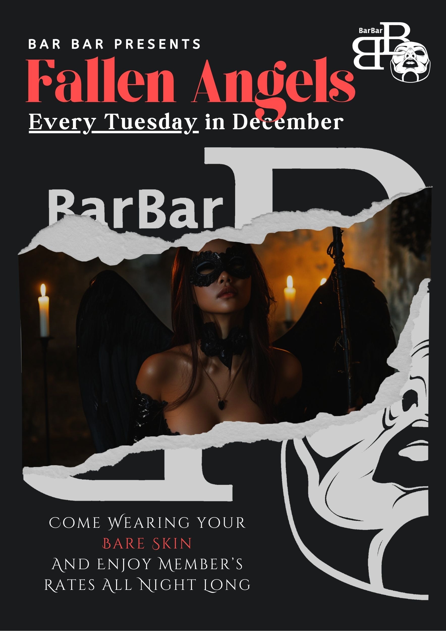 BarBar poster for “Fallen Angels” every Tuesday in December, with a woman in a torn-paper style design