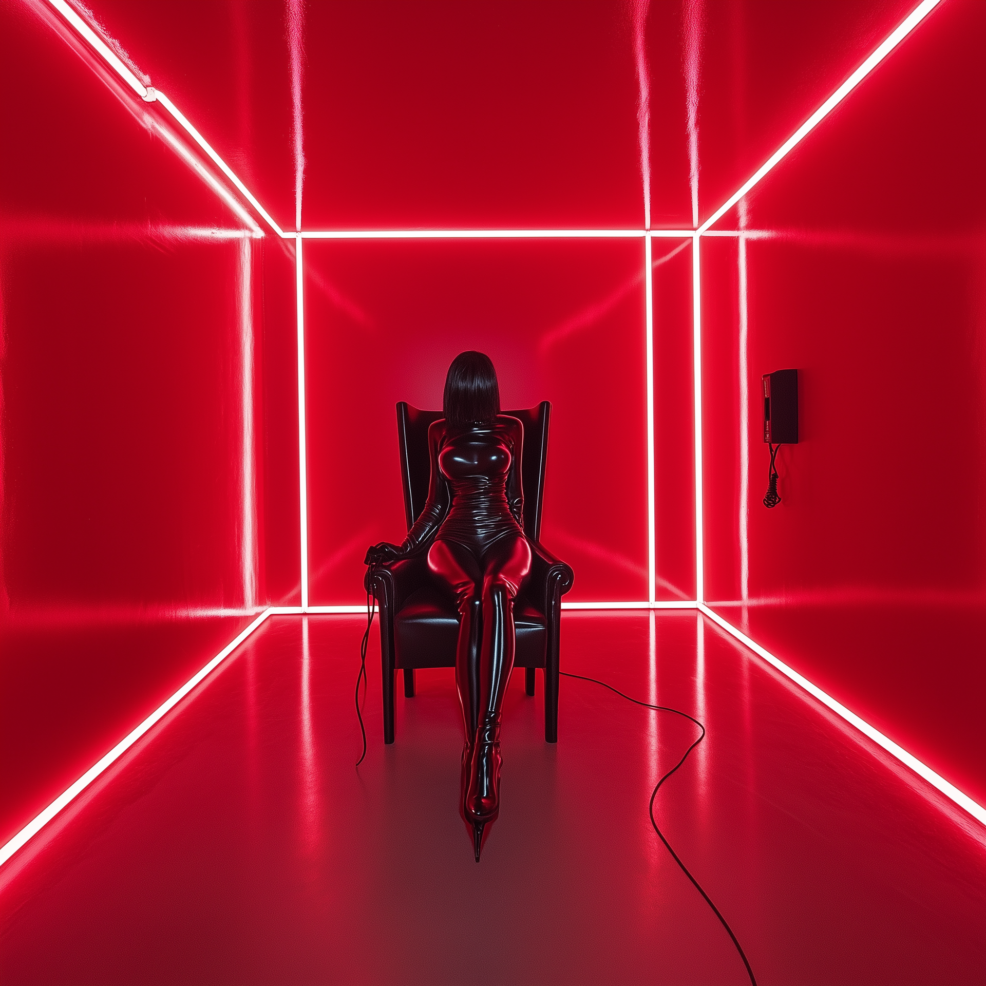 Person seated in a red neon-lit room with glowing grid walls, wearing a dark outfit and mask
