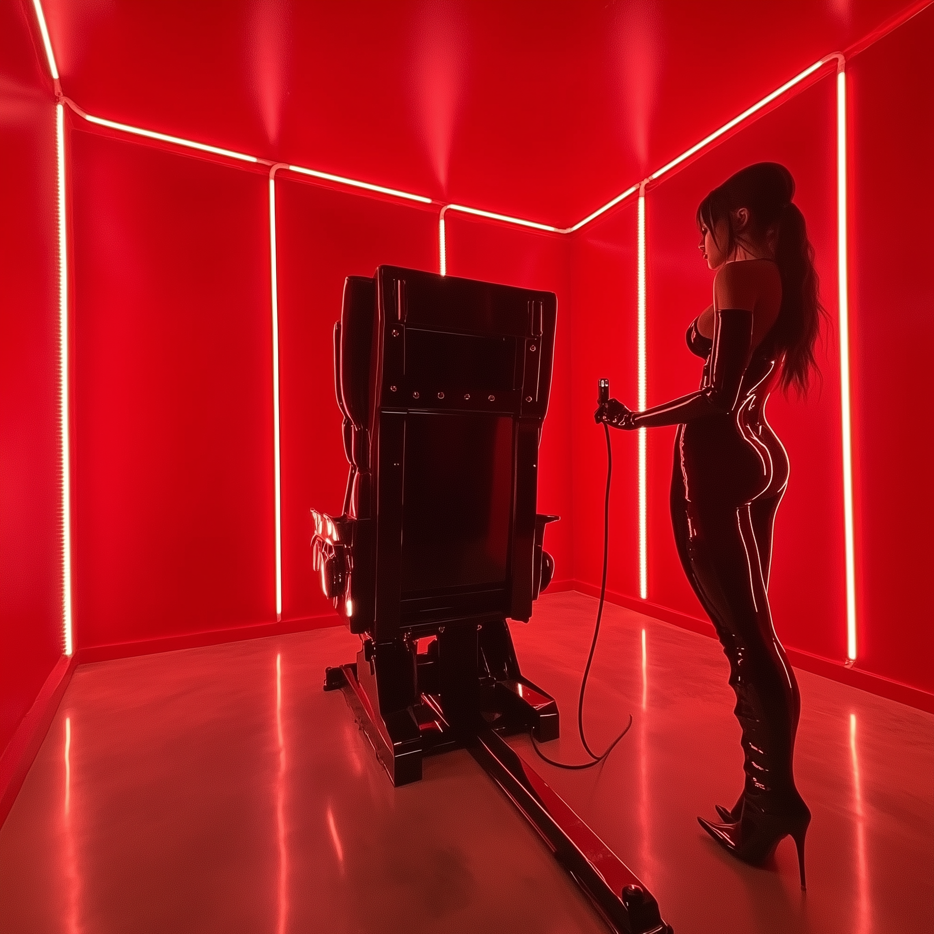 Person in black latex stands beside a large machine in a red neon-lit room.