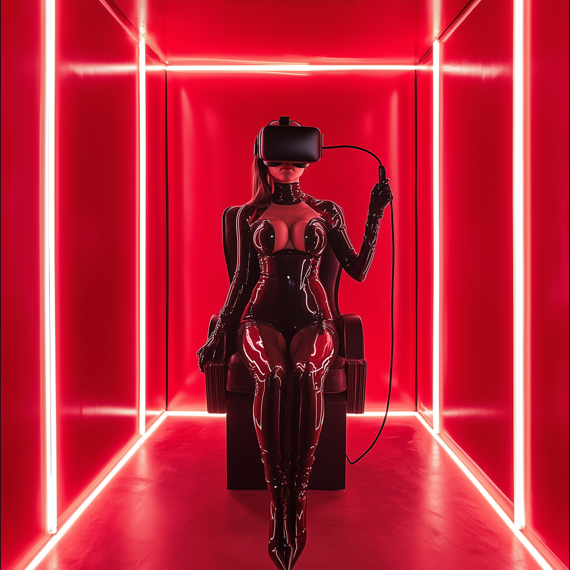 Person in a black VR headset and latex outfit stands in a glowing red neon corridor.