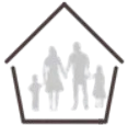 Silhouette di una famiglia all'interno di una casa a forma di pentagono.