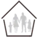 Silhouette di una famiglia all'interno di una casa a forma di pentagono.