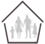 Silhouette di una famiglia all'interno di una casa a forma di pentagono.
