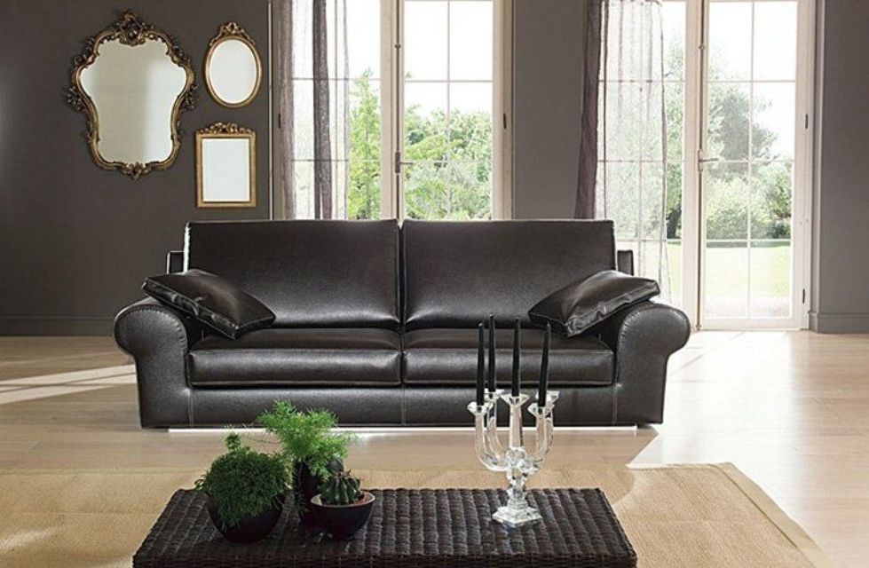 Divano in pelle marrone scuro in una stanza con specchi, un tavolino da caffè e finestre che si affacciano sul verde.