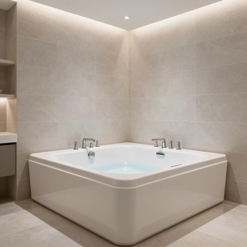 Baño moderno de color beige con bañera de hidromasaje blanca en esquina e iluminación empotrada.