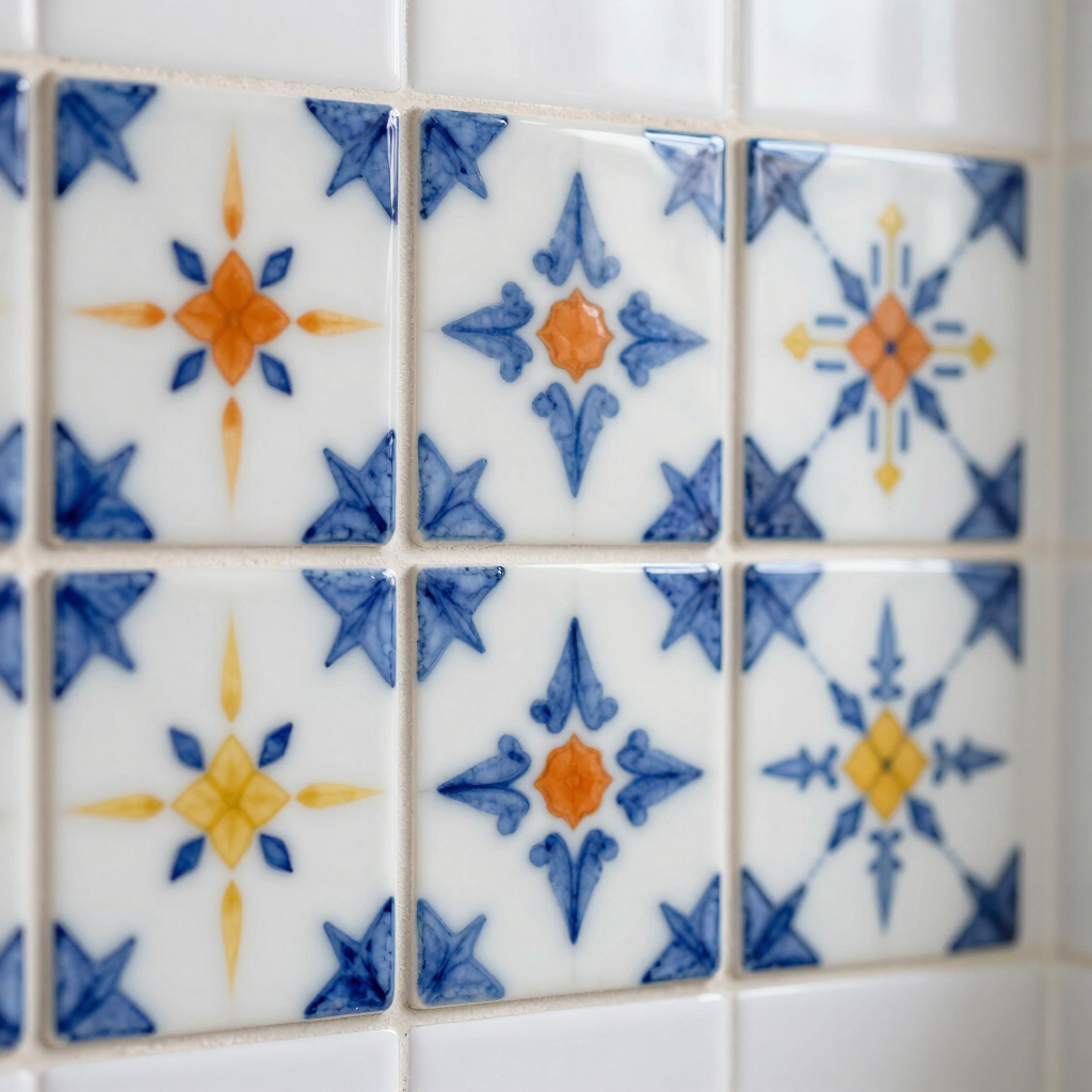 Azulejos de cerámica azules y blancos con motivos florales en forma de estrella de color naranja y amarillo en una pared.