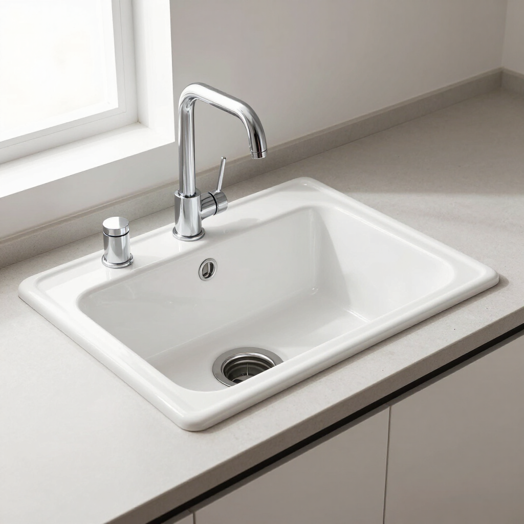 Fregadero de cocina blanco con grifo cromado y dispensador de jabón sobre una encimera clara cerca de una ventana.
