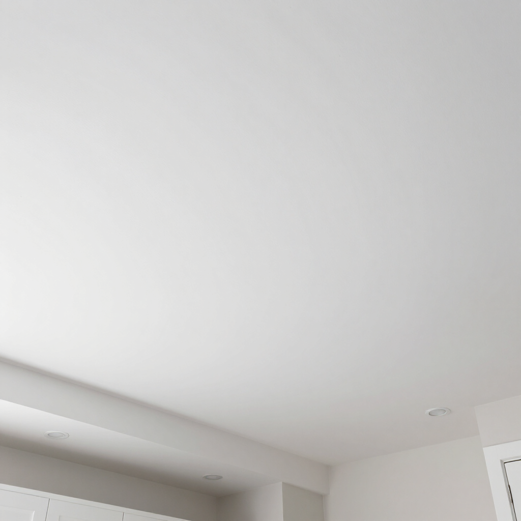 Techo minimalista blanco con luces empotradas y una esquina con ventana.