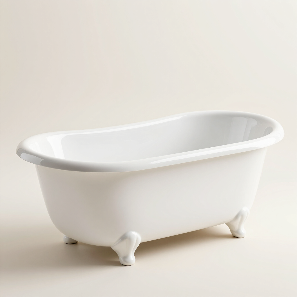 Bañera blanca con patas de garra sobre un fondo claro liso.