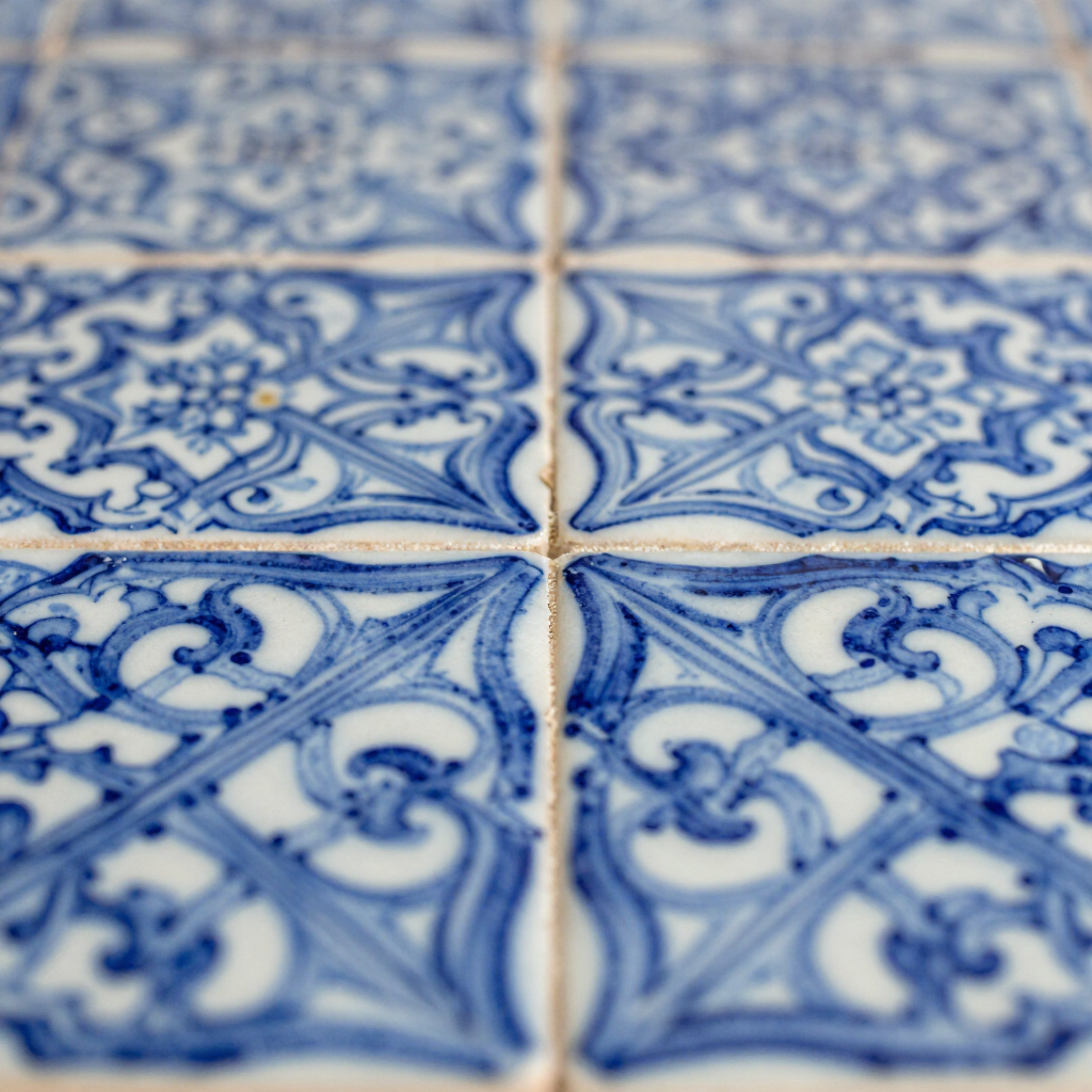 Primer plano de azulejos de cerámica con estampado azul y blanco y elaborados diseños florales.