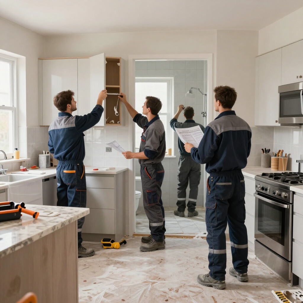 Tres trabajadores instalando gabinetes de cocina en una cocina luminosa y sin terminar.