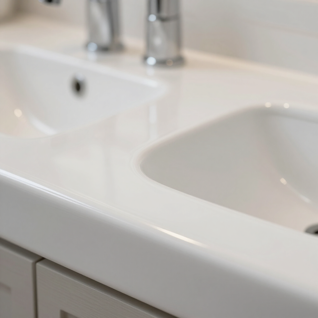 Lavabo doble blanco para baño con grifo cromado y encimera.