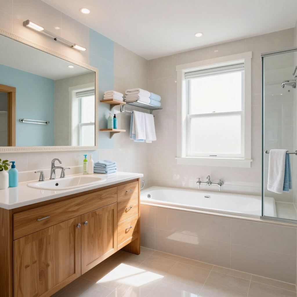 Baño luminoso con tocador de madera, espejo grande, bañera, ventana y cabina de ducha de cristal.