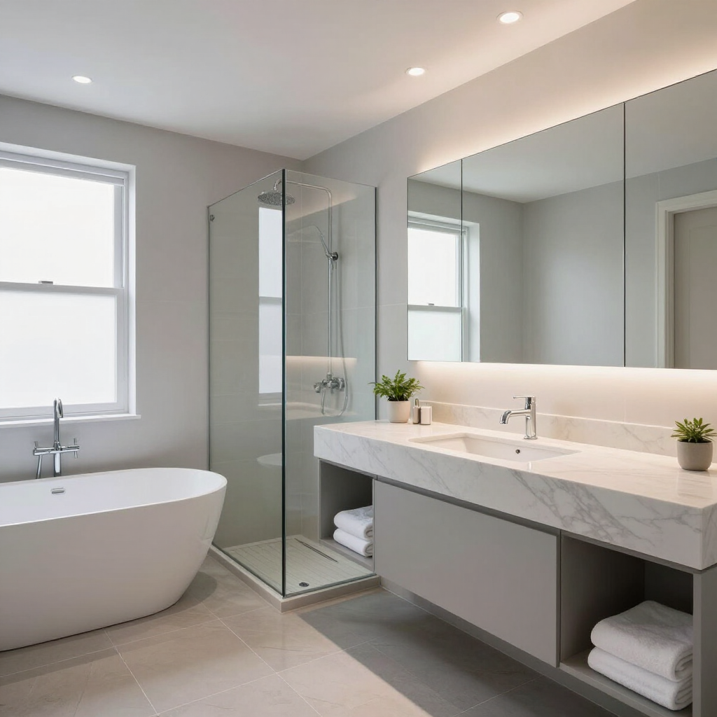 Baño moderno con bañera independiente, ducha de cristal, lavabo doble y espejo grande bajo iluminación tenue.