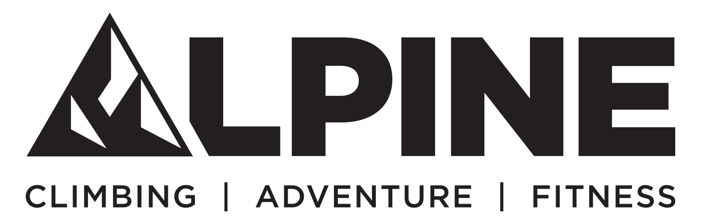 The logo for alpine climbing adventure fitness is black and white.