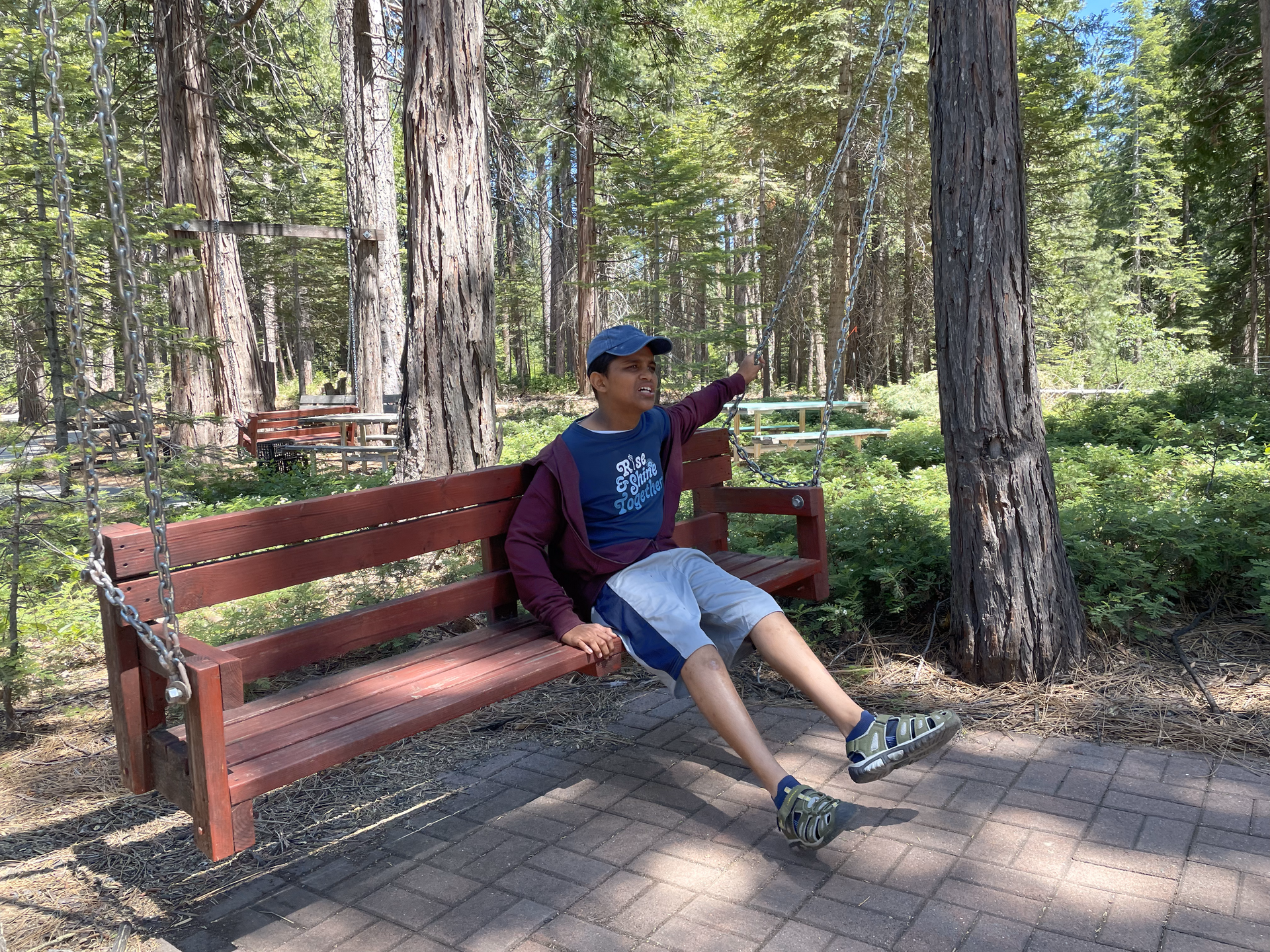 A young boy is sitting on a bench in the woods.