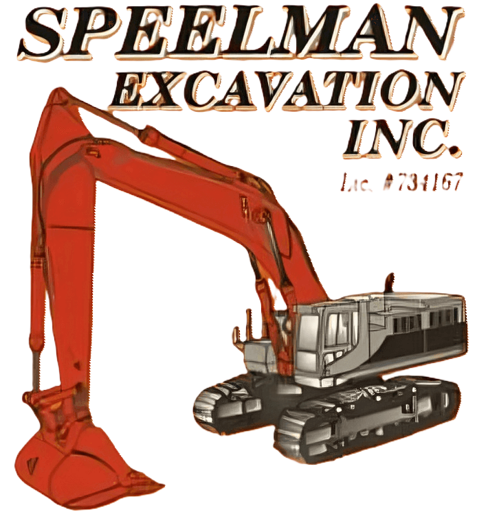 A logo for speelman excavation inc. with a red excavator